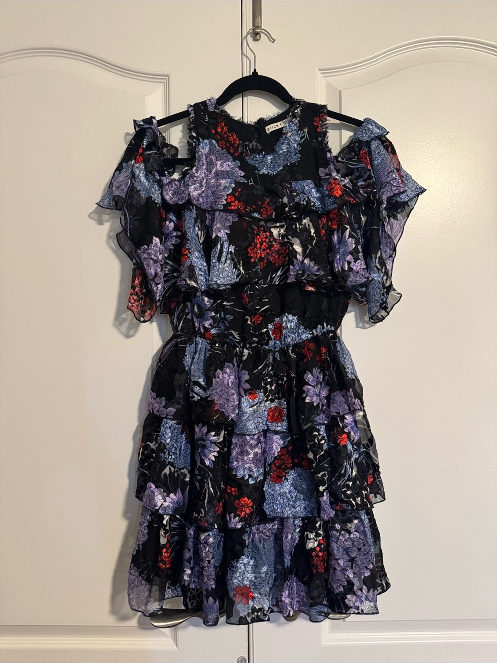 Alice + Olivia Nicola Black Floral Ruffled Cold-Shoulder Mini Dress